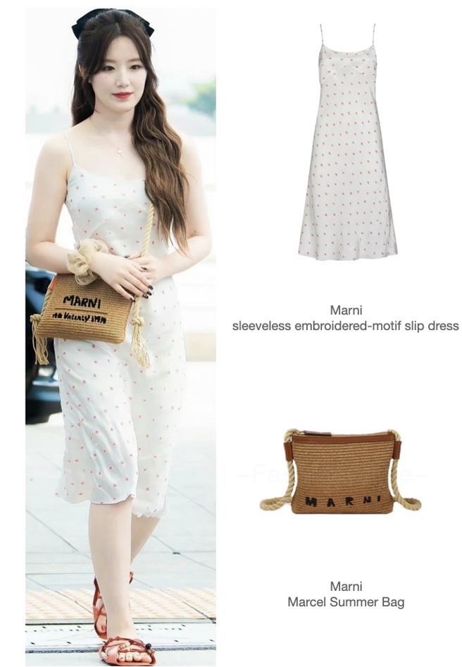 舒华身穿Marni白色洋装搭配草编包，十足的度假气息，不过大陆网友却歪楼发现舒华没有脚脖子，直呼「好可爱」。(摘自微博、摘自Marni官网/台北传真）