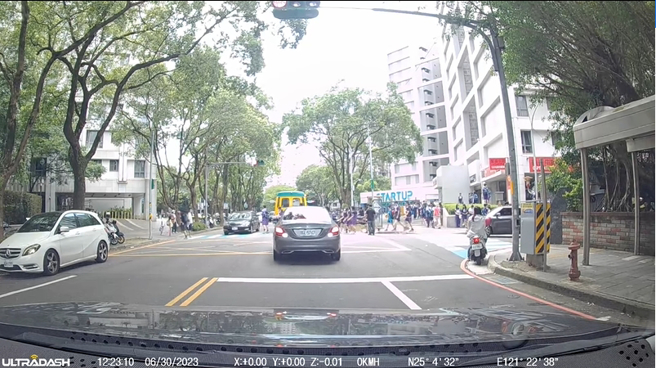 《道路交通管理处罚条例》昨日才刚上路，林口一名驾驶却不顾新法，险些撞到正在斑马线过马路的学生。（ 翻摄画面/ 截自脸书「林口大家庭」）