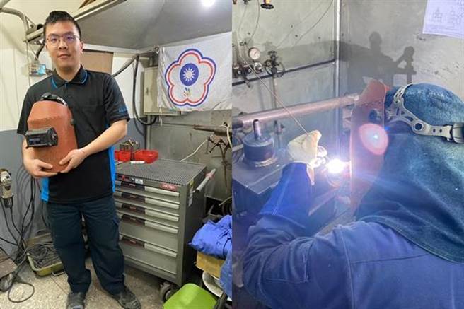 高分署培训的銲接职类选手陈柏杙，在酷热的工场内挥汗练习。（翻摄照片／高雄洪靖宜传真）