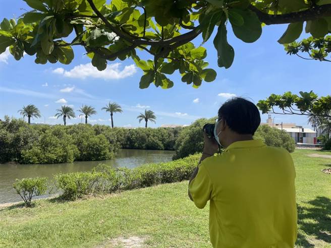 林园爱乡协会理事长陈俊强到湿地公园进行生态观察。（洪靖宜摄）