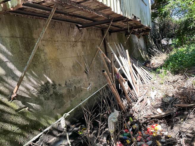 潭子區嘉仁里東汴幹線二小組農排水路土堤殘破不堪，影響排洪功能造成農作損害。（陳淑娥攝）