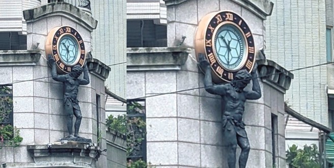 网友拍下一个双手扛着时钟的男性雕像，写下「抬钟人」，意外引发热烈讨论。（图／网友施佩均提供授权）