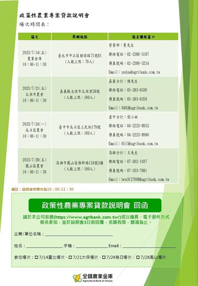 全國農業金庫「政策性農業專案貸款」說明會開放報名。（圖／全國農業金庫提供）