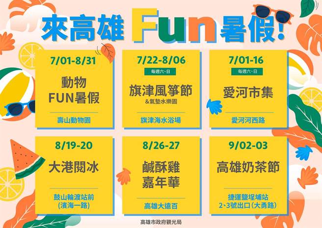 高市觀光局今（4）日宣布，將推出旗津風箏節、氣墊水樂園、大港閱冰、鹹酥雞嘉年華，結合近期最夯的高雄海洋派對推出愛河市集及壽山動物園暑期活動等6大活動。（柯宗緯翻攝）