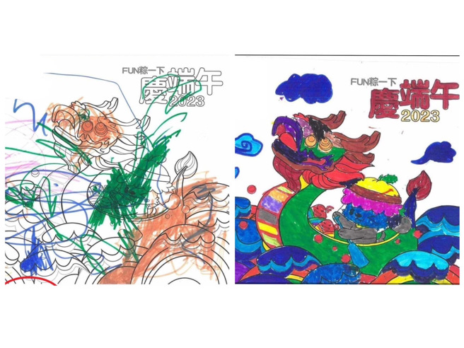 儿子超认真画画（右）结果比赛惨输，老妈PO文公审对手的作品（左），引起网友讨论。（图／翻摄自爆怨公社）