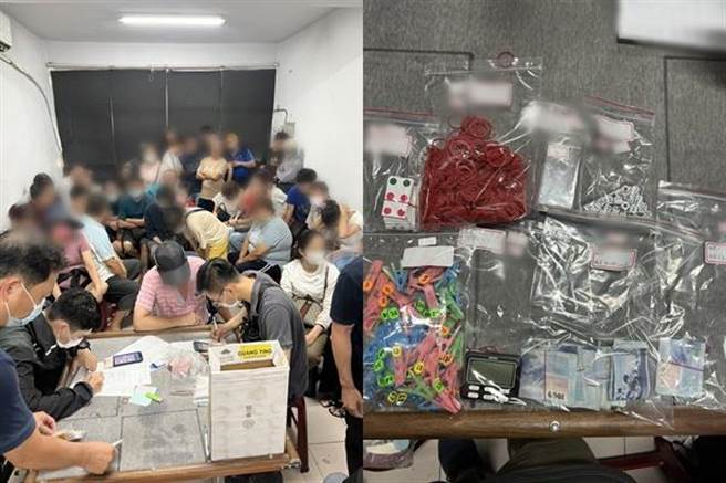 警方於該賭場查獲52人及查扣相關證物。（翻攝照片／高雄洪靖宜傳真）