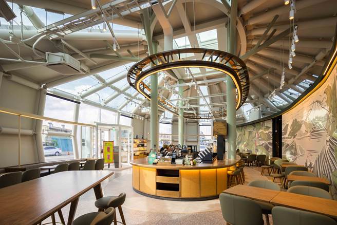 台南麻豆门市内设计延伸柚子意象，细部点缀以藤编再制品，并点缀渐层变化的色彩。（星巴克提供／朱世凯台北传真）