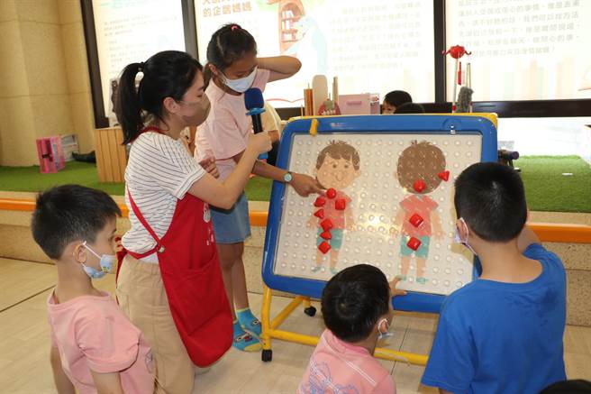 老师教小朋友用魔豆标示身体不喜欢被碰触的部位。（新北市社会局提供）