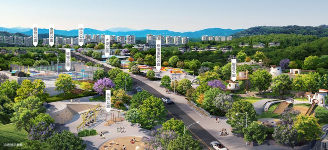 「宏道新竹帝寶」綠地面積約是大安森林公園2倍大，8座主題公園，打造有別於竹北都市水泥叢林的住宅環境，為全台極其罕見的美式別墅社區智慧城市規劃。（圖為3D示意圖/甲山林集團提供）