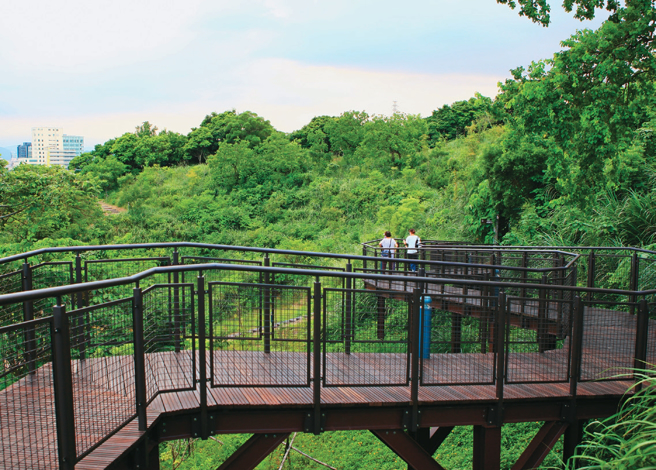 文山森林公园的「趣探险之丘」，规画攀岩场、超长滑梯等令人玩兴大开的游具，公园深处并设有天空步道，在都市里即可享受森林芬多精。（图／可大王）