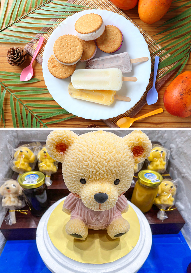 做成夾心冰淇淋的一口冰和各種口味枝仔冰，均使用新鮮水果製作，此外，造型冰淇淋蛋糕和可愛的小狗造型冰棒也相當受歡迎。(上：攝影/Carter；下：圖片提供/皇冠冰城)