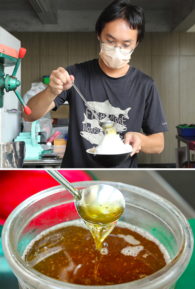 不加任何一滴桂花香精，以大量乾燥桂花熬煮出金黃色桂花蜜，淋在清冰上就很美味。(攝影/Carter)