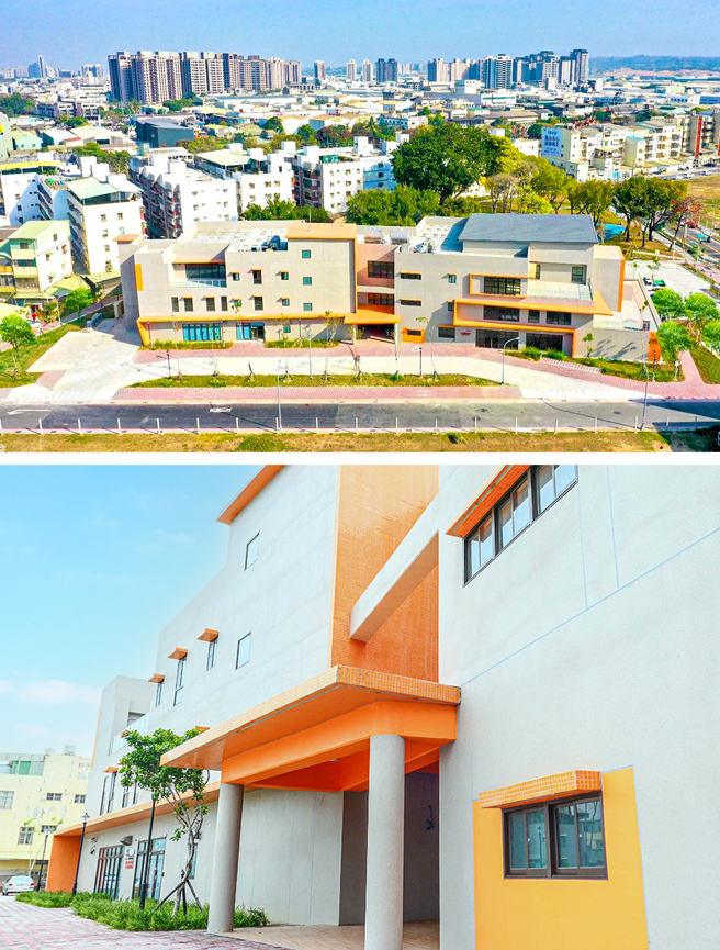 一站式共融服務的鳳山日照社福多功能中心，座落在高雄人口最多的鳳山區93期重劃區內，集結幼兒公托、身障者長照、成人社區大學與銀髮族據點等服務。(上圖：圖片提供/高市府工務局新建工程處；下圖：攝影/Naru)