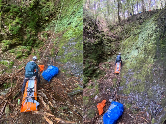 救難人員用將林姓協作大體從邊坡運回步道上。（民眾提供／張亦惠南投傳真）