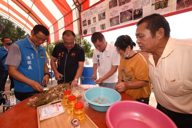 眾人体验体验腌渍蕗荞。（苗栗县政府提供／李京升苗栗传真）