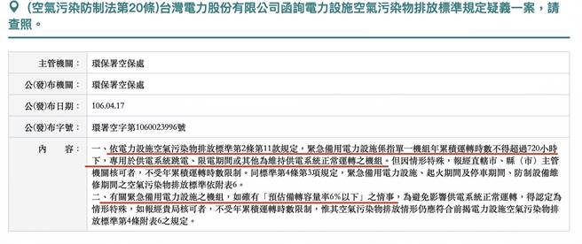 根据2017年4月17日台电函询「空气污染防制法第」20条电力设施空气污染物排放标准规定疑义一案，环保署空保处回应，依「电力设施空气污染物排放标准」第2条第11款规定，紧急备用电力设施系指单一机组年累积运转时数不得超过720小时下，专用于供电系统跳电、限电期间或其他为维持供电系统正常运转之机组。（取自环保署网站）