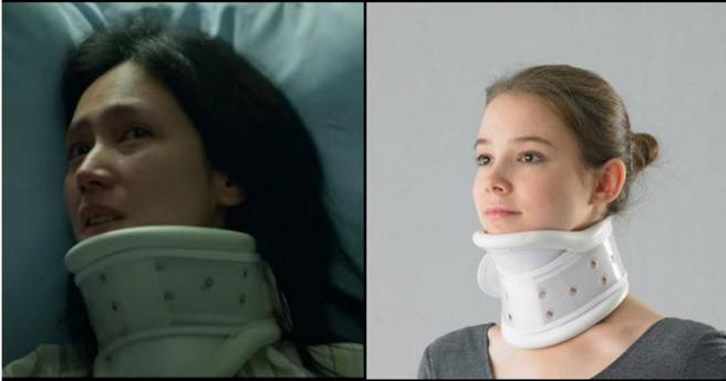 小薰在《最佳利益3-最终利益》饰演颈部以下瘫痪的病人，但脖子上的护颈明显戴反了。（图／翻摄网路）