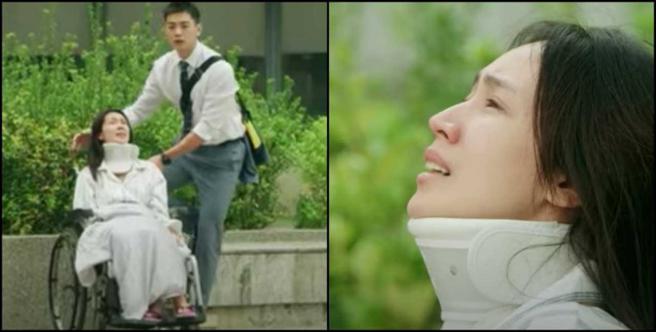 可能是工作人员彻底误解使用方式，小薰在剧中无论是坐是躺，脖子上的护具都戴反了，下巴显得很紧绷。（图／翻摄网路）