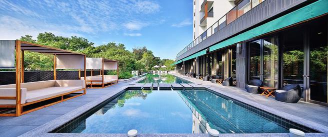 捷丝旅台南馆户外泳池设有儿童戏水池让孩童尽情玩水消暑。（图／捷丝旅台南馆）