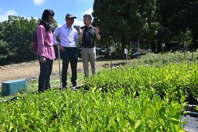 左起新竹林管处长夏荣生、农委会主委陈吉仲、林务局长林华庆今天前往南庄苗圃参访。（李京升摄）