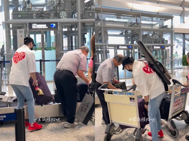 萧敬腾被粉丝拍到在机场帮忙一对老夫妇搬行李，善举引起网友热烈讨论。（图／摘自萧敬腾贴吧微博）