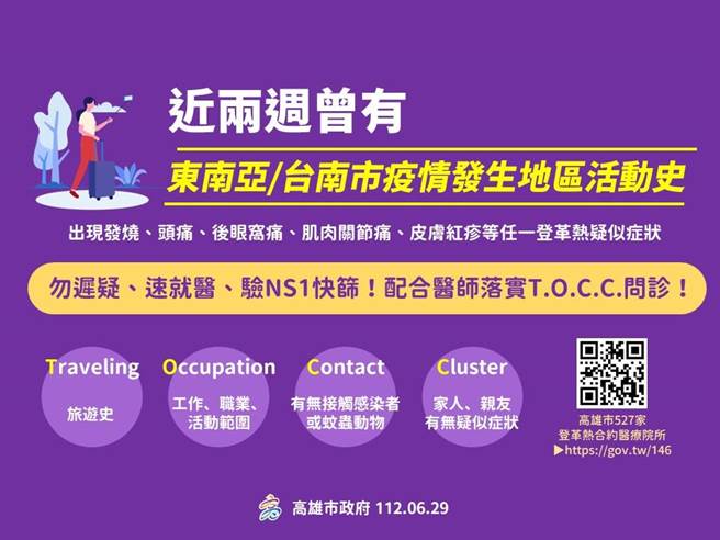 高雄市卫生局呼吁，民眾应落实登革热旅游TOCC问诊。（高雄市卫生局提供／崔正纲高雄传真）