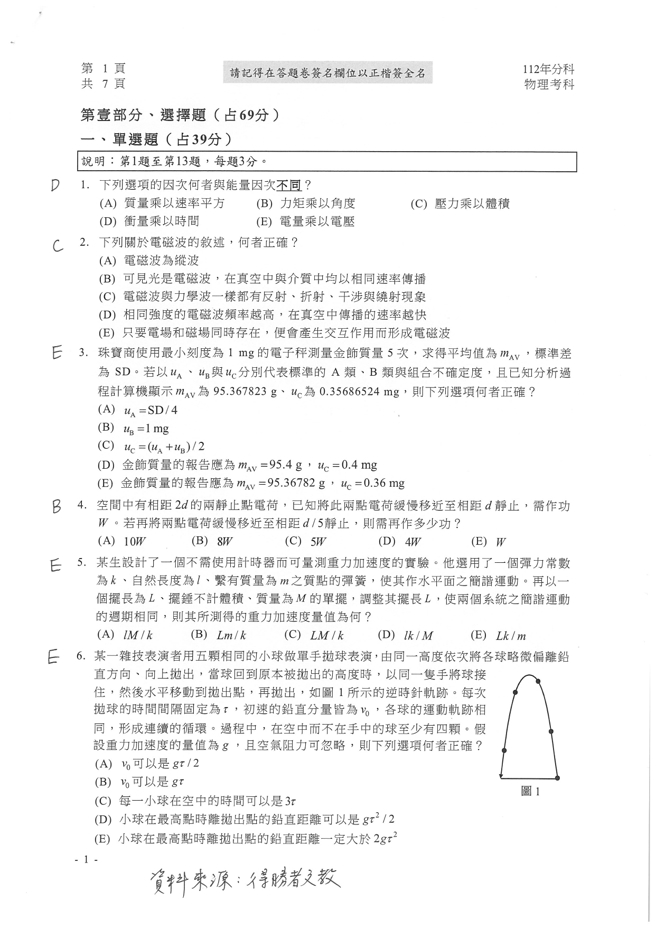 112学年度分科测验 物理试题解答。(资料来源/得胜者文教提供)
