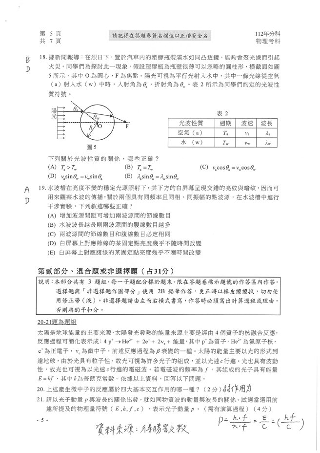 112学年度分科测验 物理试题解答。(资料来源/得胜者文教提供)