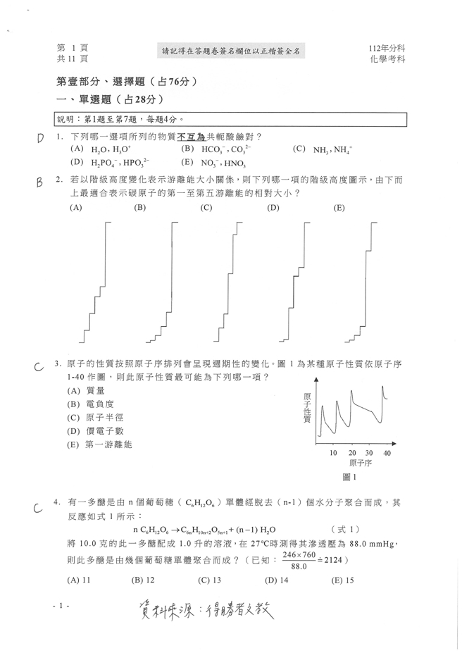 112学年度分科测验 化学试题解答。(资料来源/得胜者文教提供)