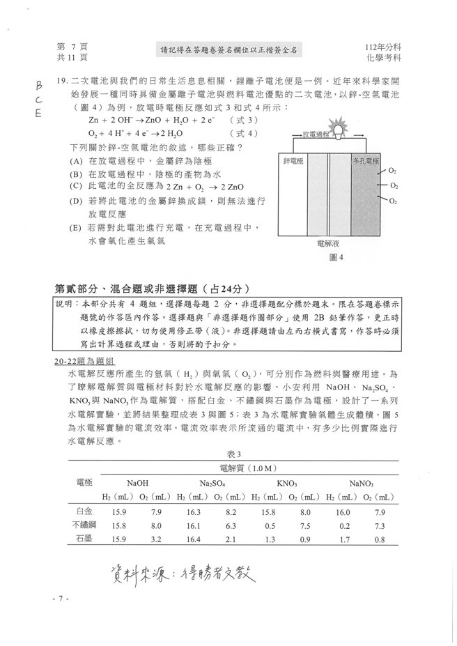112学年度分科测验 化学试题解答。(资料来源/得胜者文教提供)