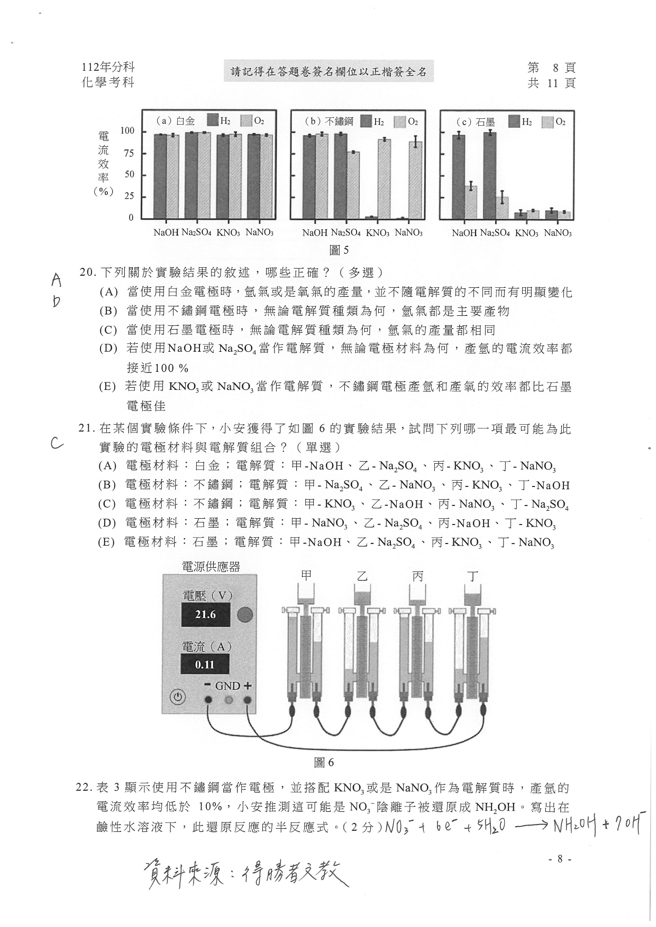 112学年度分科测验 化学试题解答。(资料来源/得胜者文教提供)