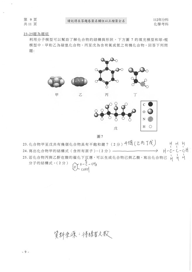 112学年度分科测验 化学试题解答。(资料来源/得胜者文教提供)