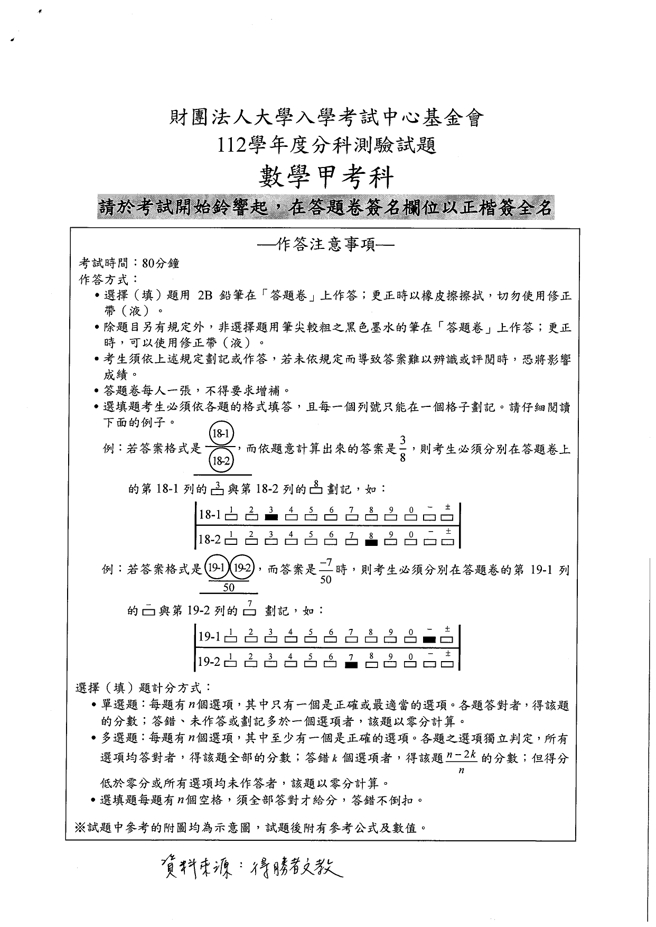 112学年度分科测验 数学甲试题解答。(资料来源/得胜者文教提供)