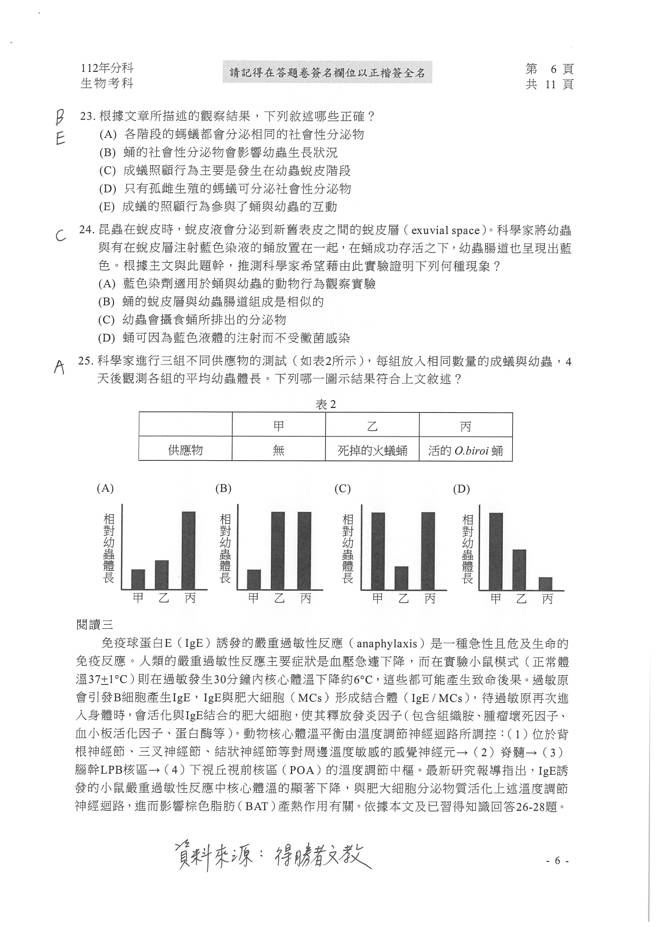 112学年度分科测验 生物试题解答。(资料来源/得胜者文教提供)
