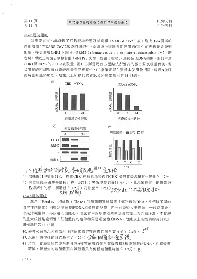 112学年度分科测验 生物试题解答。(资料来源/得胜者文教提供)

