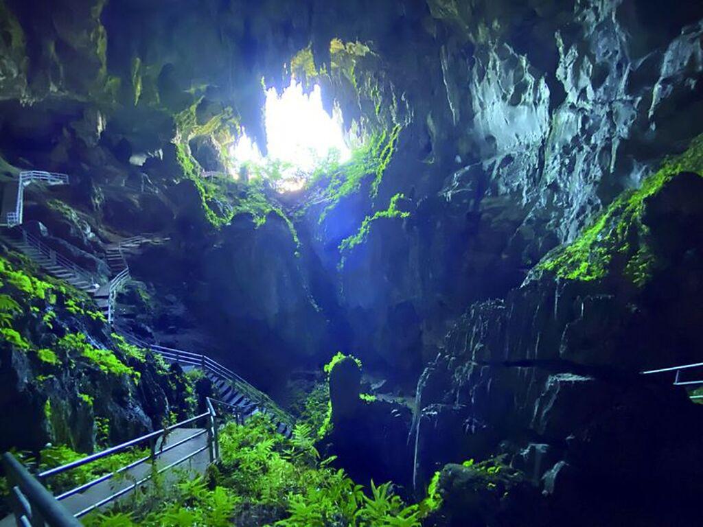 拾階而上可見洞穴內經大自然雕塑岩石的多種樣貌，攀爬至頂端還能見洞外雨林之景。（陳妍潔攝）