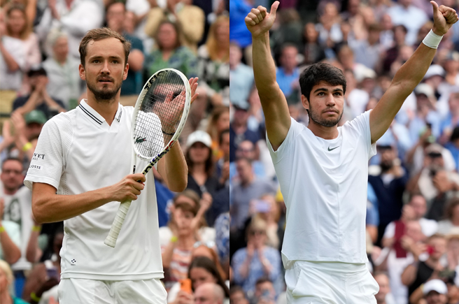 溫網》梅迪維夫5盤大戰晉4強 將與小蠻牛艾卡拉茲爭冠軍門票。(合成照/美聯)