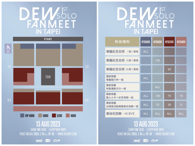 「DEW 1st Solo Fanmeet In Taipei」票价和福利图。（摘自iMe TW脸书）