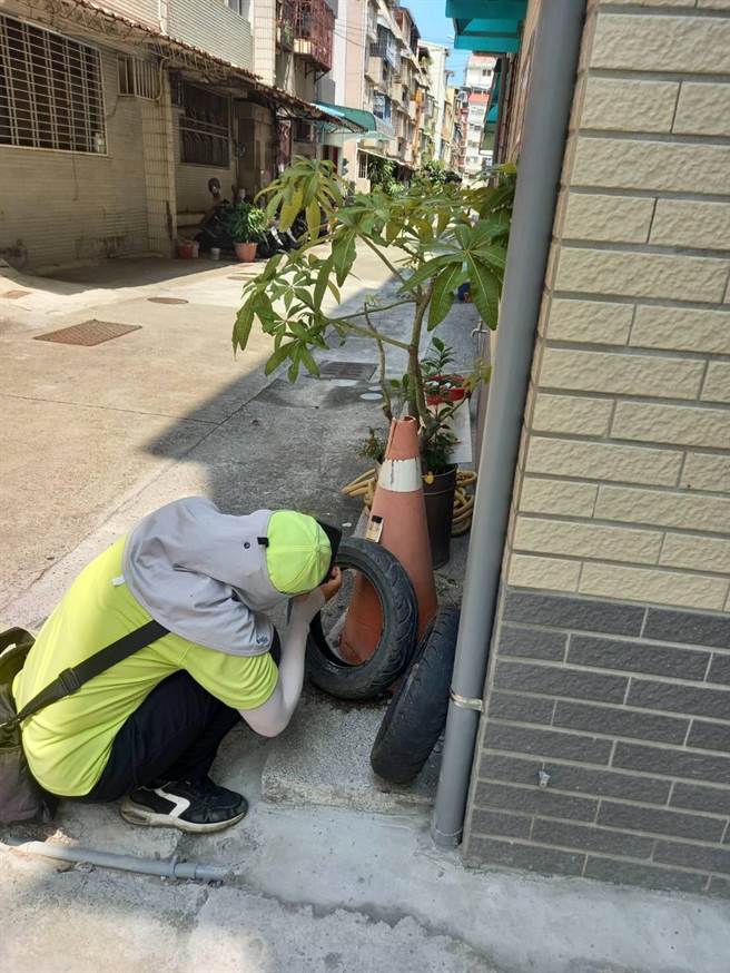 防疫人员针对轮胎积水孳生病媒蚊孑孓採检。（高雄市卫生局提供／崔正纲高雄传真）