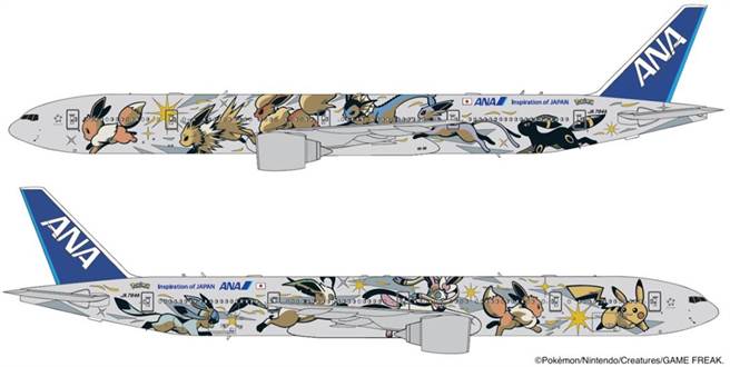 全日本空输（ANA）推出特别涂装波音777-300ER「伊布彩绘机 NH」，该机预计将于今年8月31日起投入营运。（ANA提供／陈佑诚台北传真）