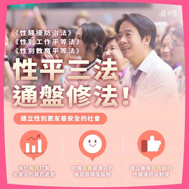 副总统赖清德今日表示，性别友善安全的社会，是民进党的决心，更是身为执政党责无旁贷的责任。（翻摄自赖清德粉丝专页）