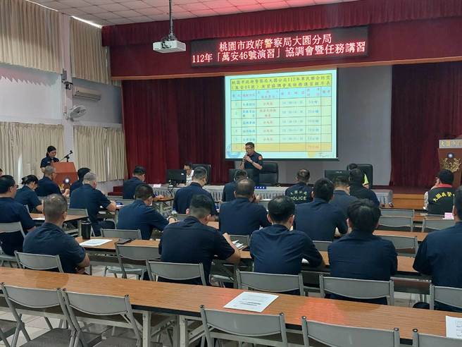 桃园市大园警方邀大园、观音区公所、协勤民力、消防局及环境稽查大队大园、观音中队等单位，召开万安46号演习工作协调会。（翻摄照片／蔡明亘桃园传真）