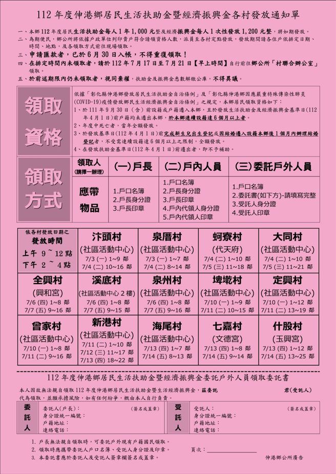 14日前未领取2200元的民眾，仍可于17日至21日前往乡公所领钱。(图／伸港乡公所脸书)