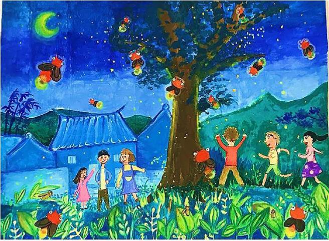 2023日本鸟取县-台湾学校作品联合展，陈乔禹作品萤光如星，将横山乡内湾4至5月的萤火虫季描绘出来。（新竹县政府提供／罗浚滨新竹传真）