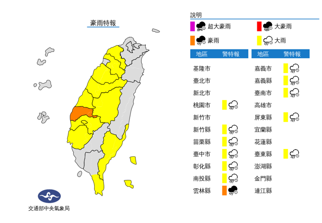 氣象局發布豪雨特報，強降雨炸12縣市。（氣象局）