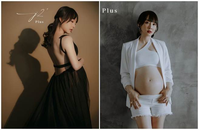 主播吴宇舒挺巨肚、露美背拍孕妇写真。（J2 Plus婚纱摄影提供）