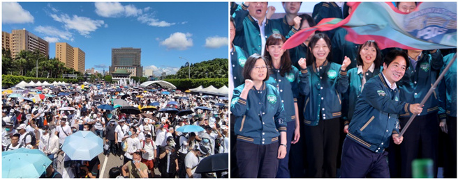 「公平正义救台湾」凯道集会（左图）16日下午登场，同时民进党也召开全代会（右图），国民党立委王鸿薇不禁表示，真是两样情，也更让人髮指。（郑任南、刘宗龙摄）