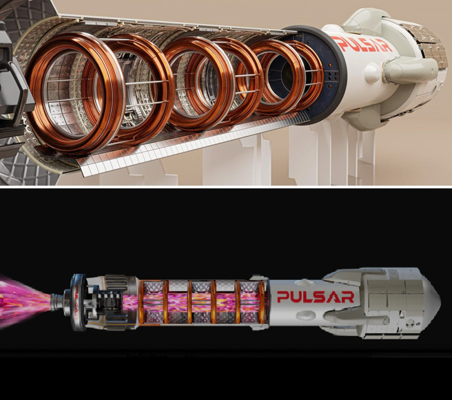 核融合火箭構造，一連串的強力線圈限制電漿。(圖/pulsarfusion)