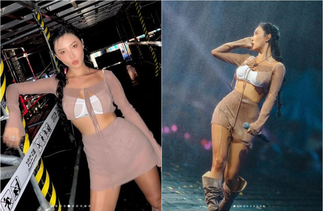 华莎15日大方内衣外穿、超短裙登上「PSY湿身秀2023」舞台。（图／华莎 Instagram）