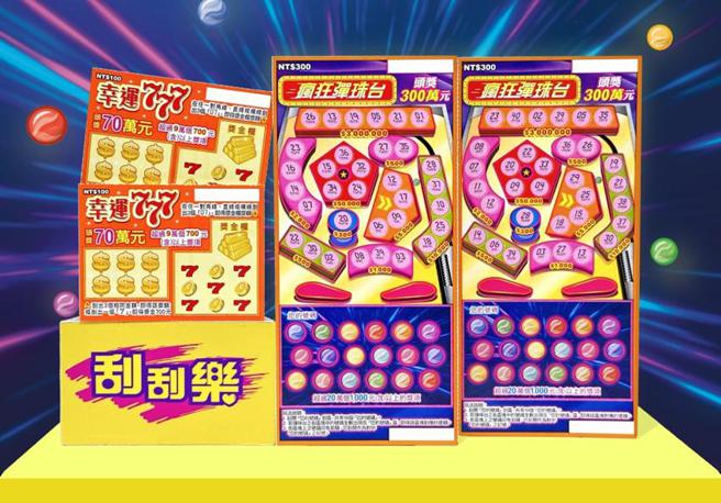 （台彩再推出二新型刮刮乐「疯狂弹珠台」「幸运777」。前者每张300元，头奖300万元有3个；后者每张100元，头奖70万元有4个。照／台彩提供）